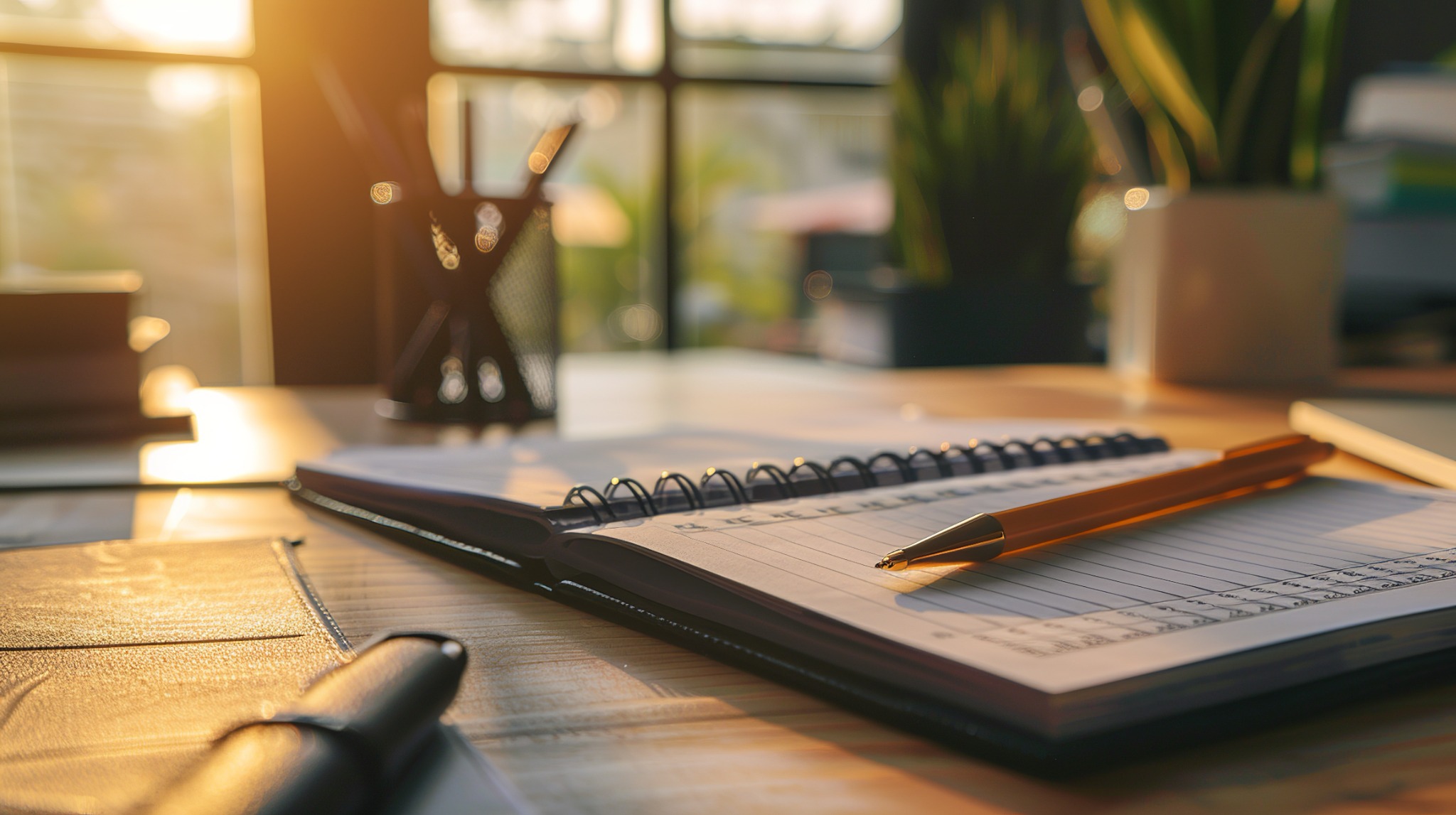 Notebook on desk in warm sunlight